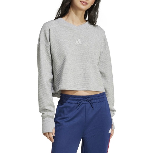 New Adidas Women's All Szn L SWT Sweatshirt Gray Cropped V Neck Long Sleeve S - Picture 1 of 15